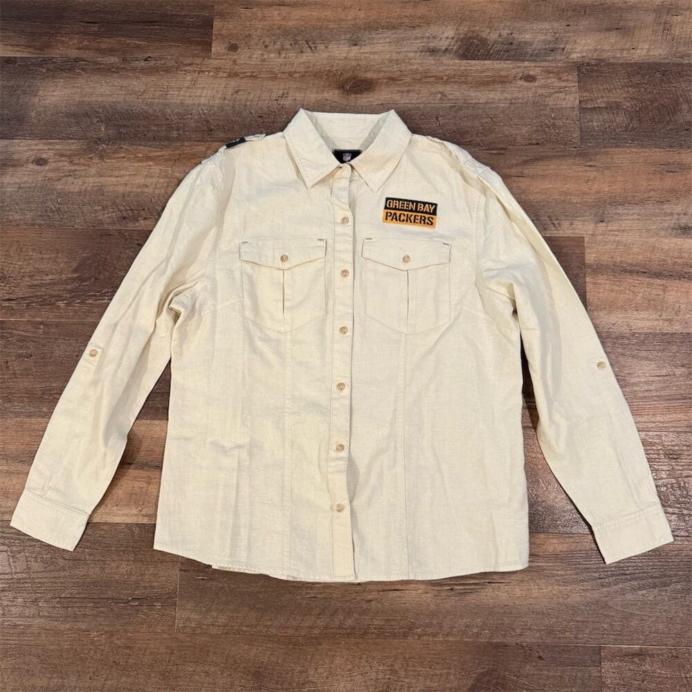 Green Bay Packers Button-Up Shirt Linen Cotton XL Ivory Roll-Tab NFL Patches